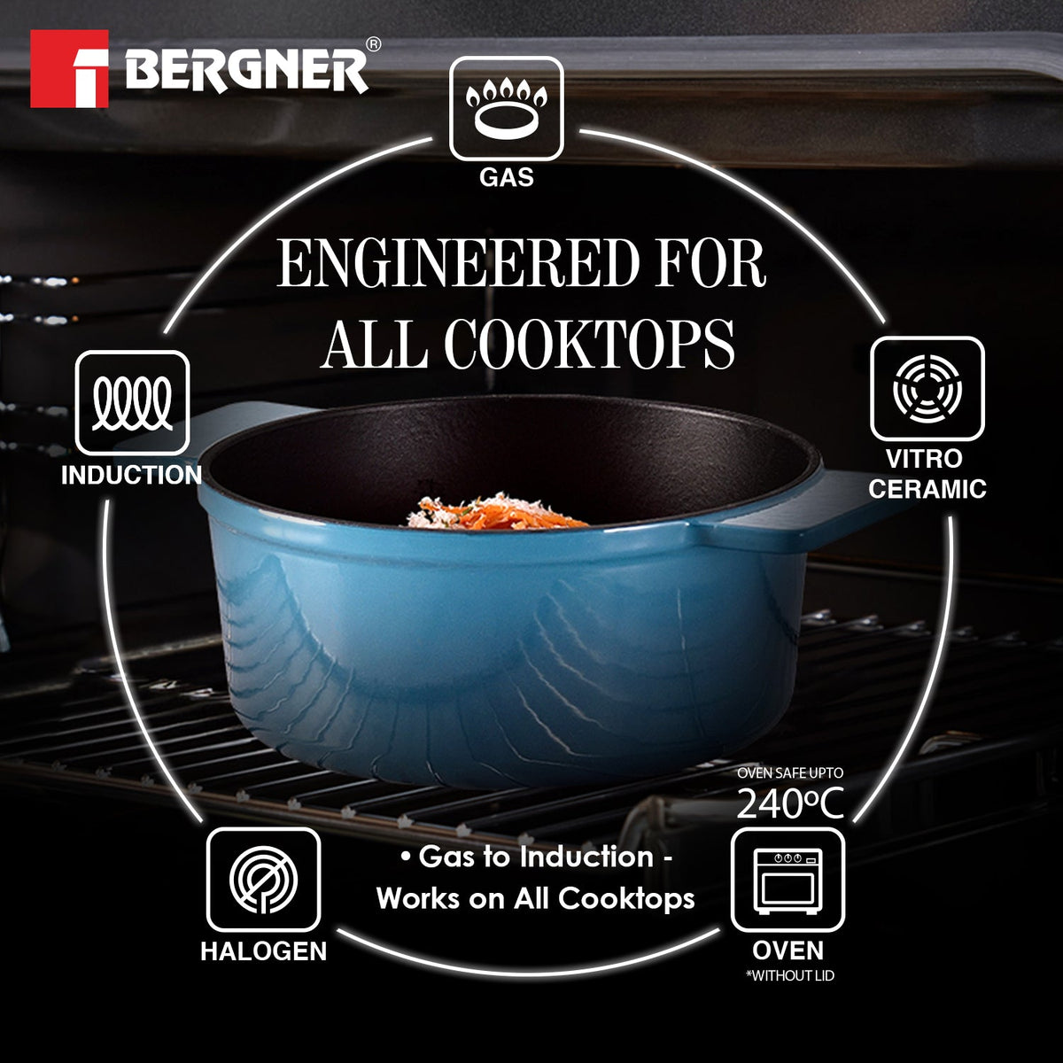 Bergner Excalibur Light Cast Iron Casserole with Lid 24cm (4L) - Blue