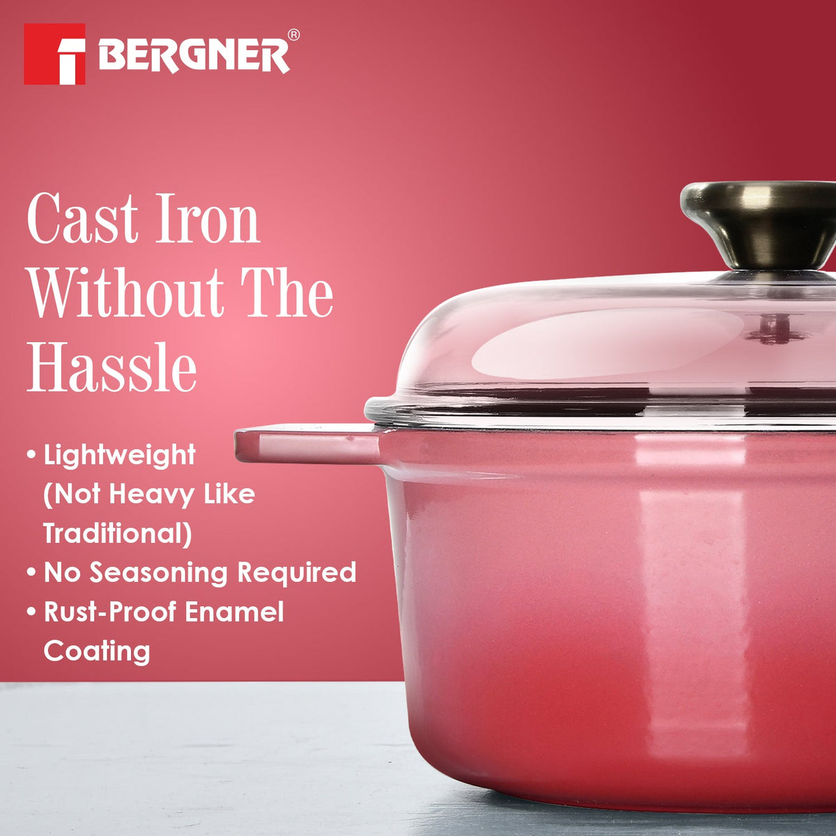 Bergner Excalibur Light Cast Iron Casserole with Lid 24cm (4L) - Pink