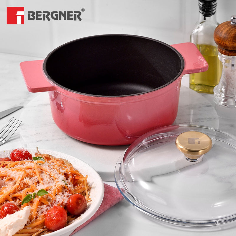 Bergner Excalibur Light Cast Iron Casserole with Lid 24cm (4L) - Pink