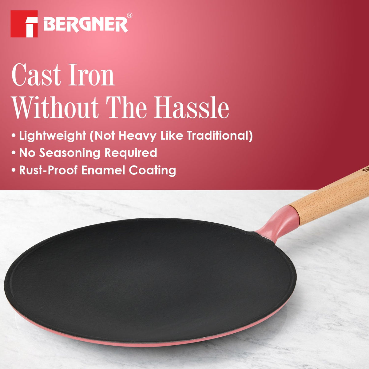 Bergner Excalibur Light Cast Iron Roti Tawa 26cm - Induction Bottom, Pink