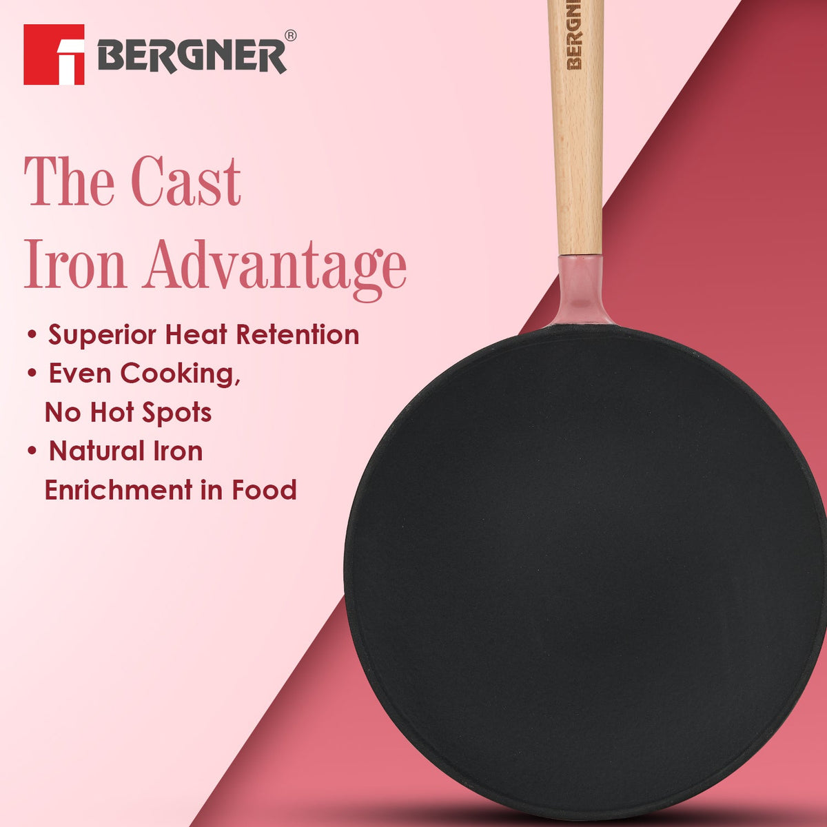 Bergner Excalibur Light Cast Iron Roti Tawa 26cm - Induction Bottom, Pink
