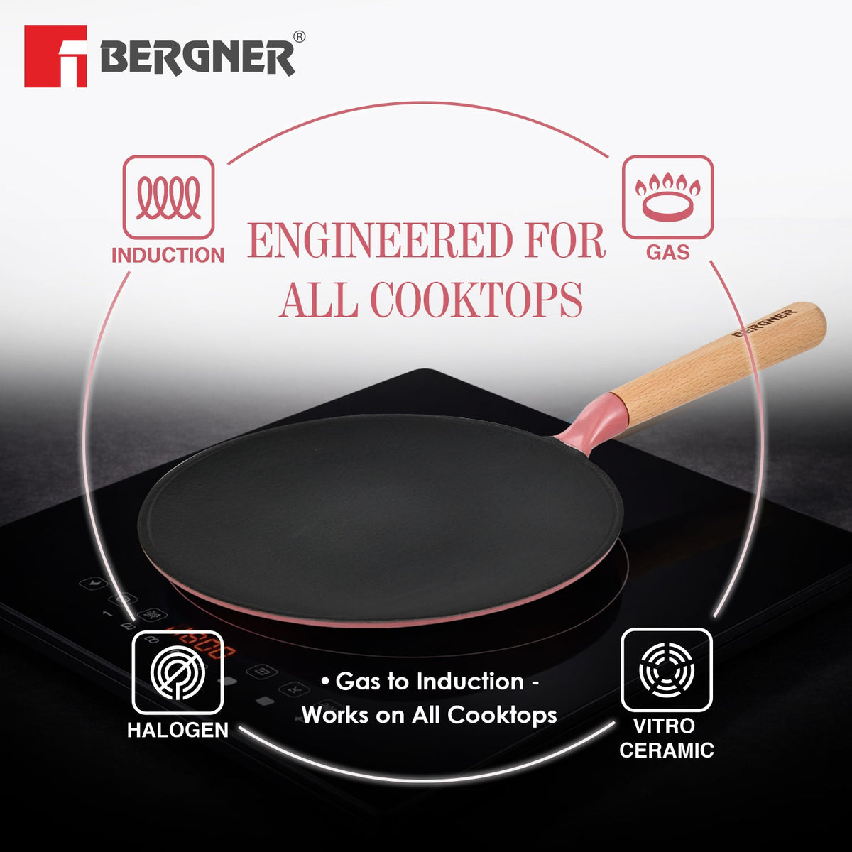 Bergner Excalibur Light Cast Iron Roti Tawa 26cm - Induction Bottom, Pink