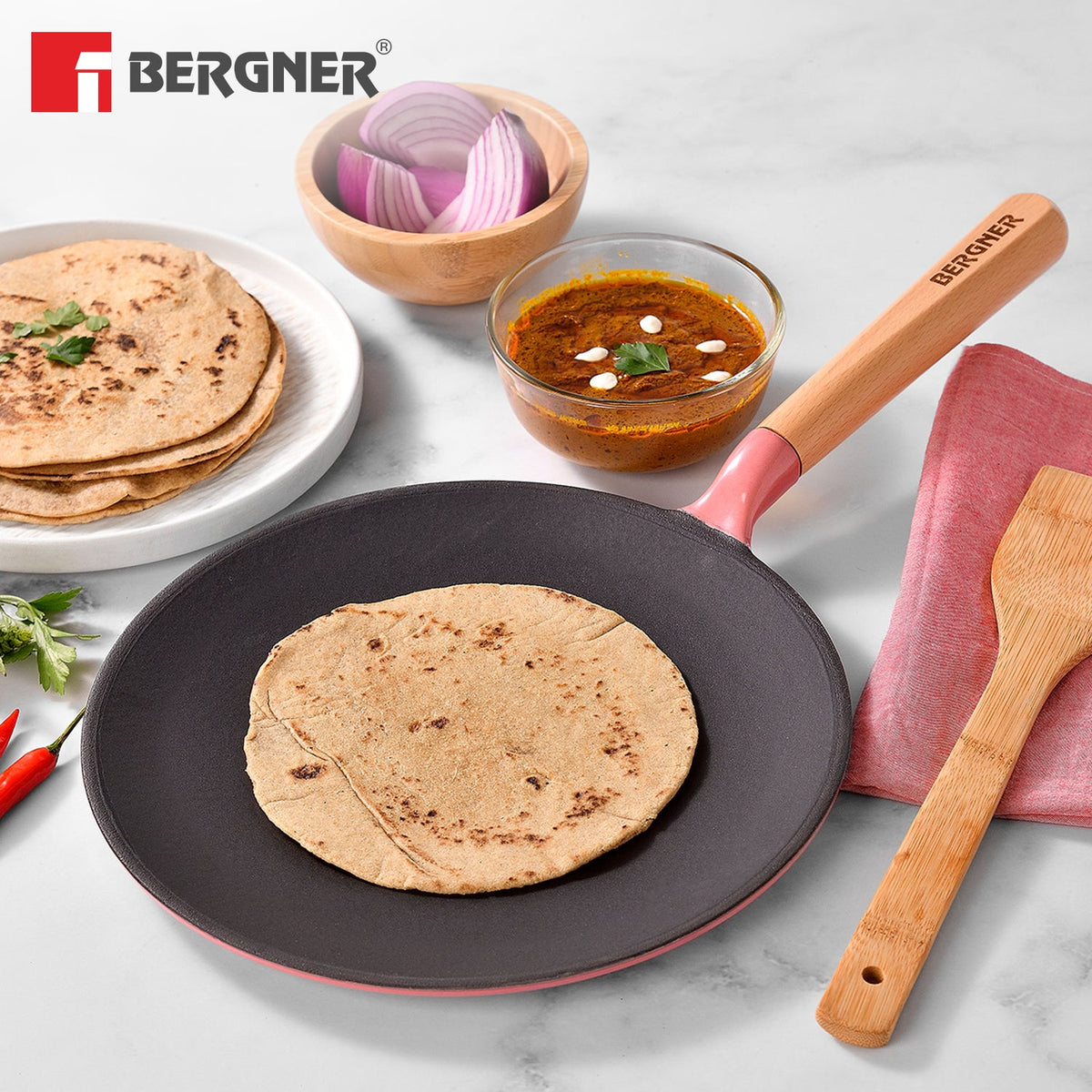 Bergner Excalibur Light Cast Iron Roti Tawa 26cm - Induction Bottom, Pink