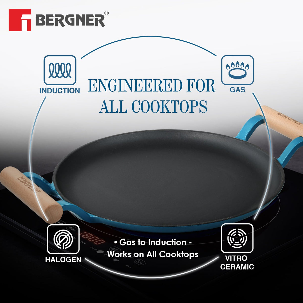 Bergner Excalibur Light Cast Iron Dosa Tawa 28cm with Double Sided Handle -Blue