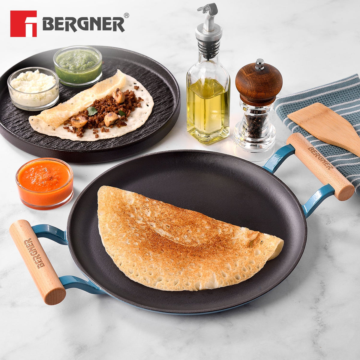 Bergner Excalibur Light Cast Iron Dosa Tawa 28cm with Double Sided Handle -Blue