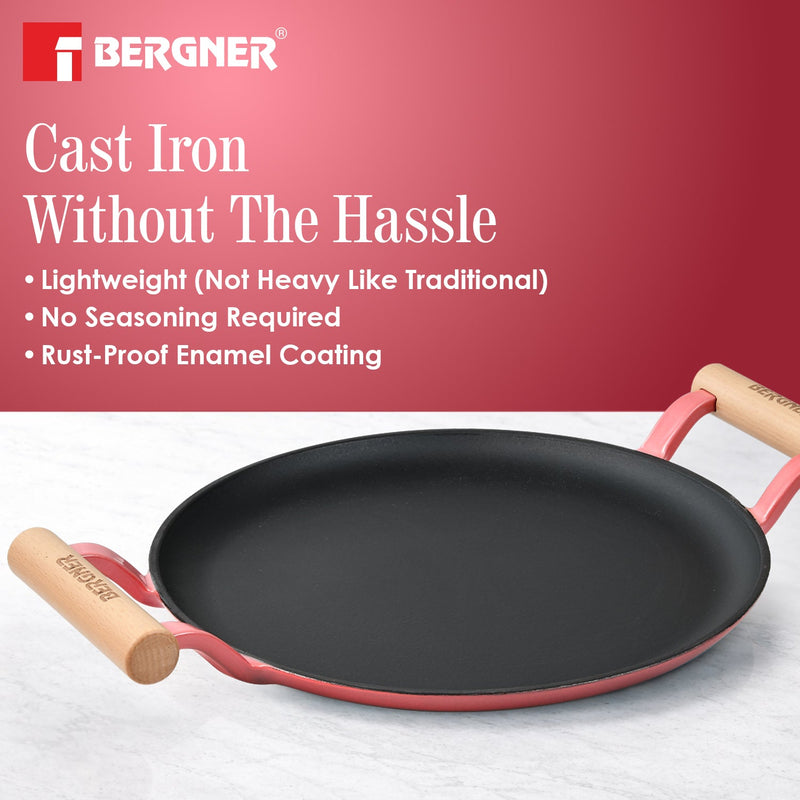 Bergner Excalibur Light Cast Iron Dosa Tawa 28cm with Double Sided Handle -  Pink