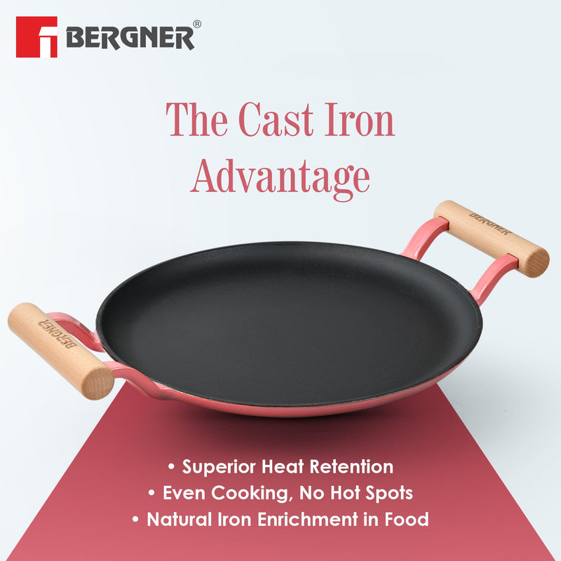 Bergner Excalibur Light Cast Iron Dosa Tawa 28cm with Double Sided Handle -  Pink