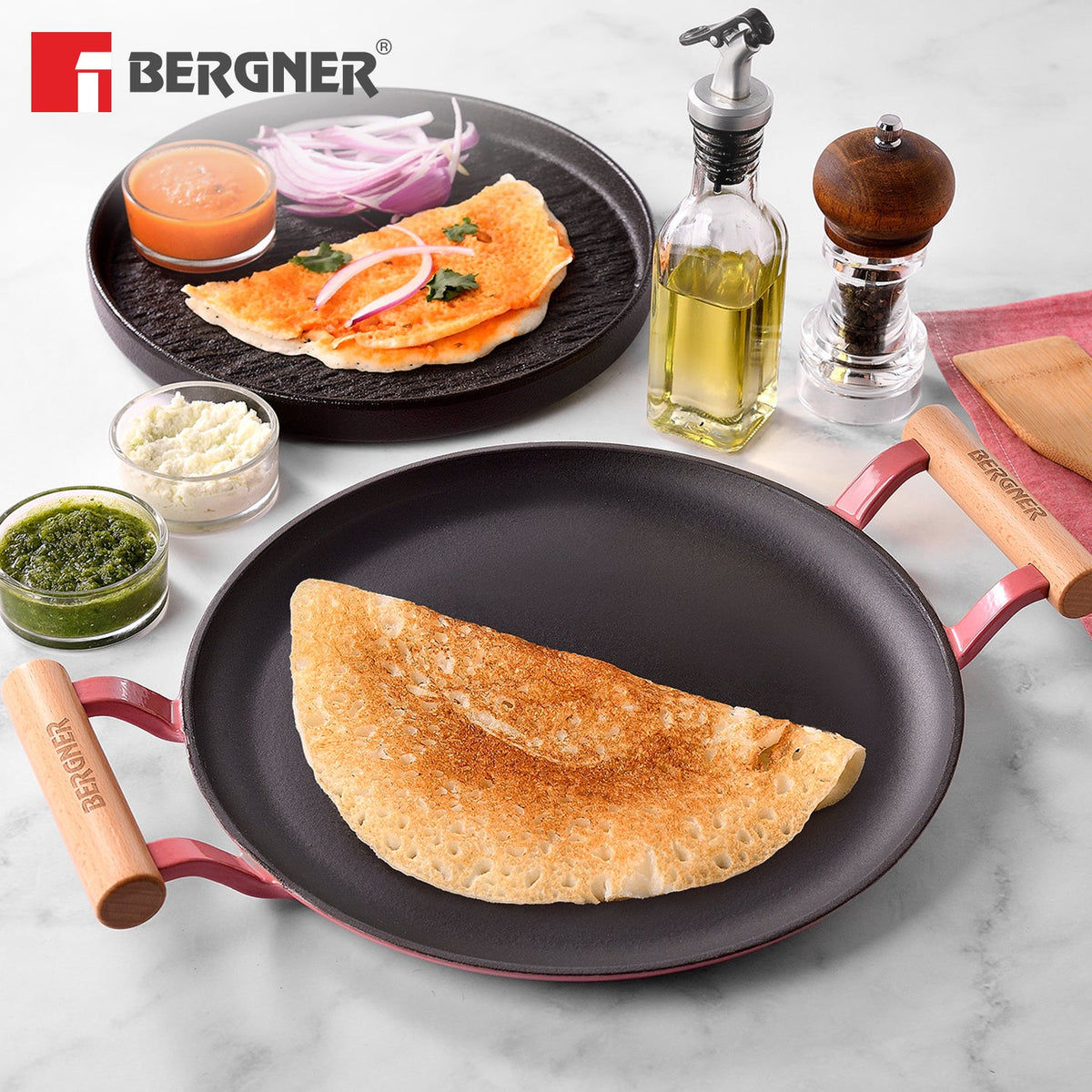 Bergner Excalibur Light Cast Iron Dosa Tawa 28cm with Double Sided Handle -  Pink