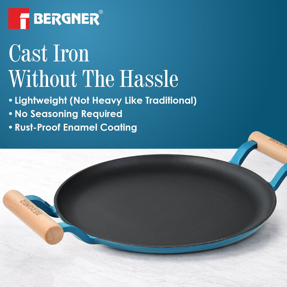 Bergner Excalibur Light Cast Iron Dosa Tawa 30cm with Double Sided Handle - Blue