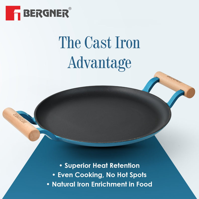 Bergner Excalibur Light Cast Iron Dosa Tawa 30cm with Double Sided Handle - Blue