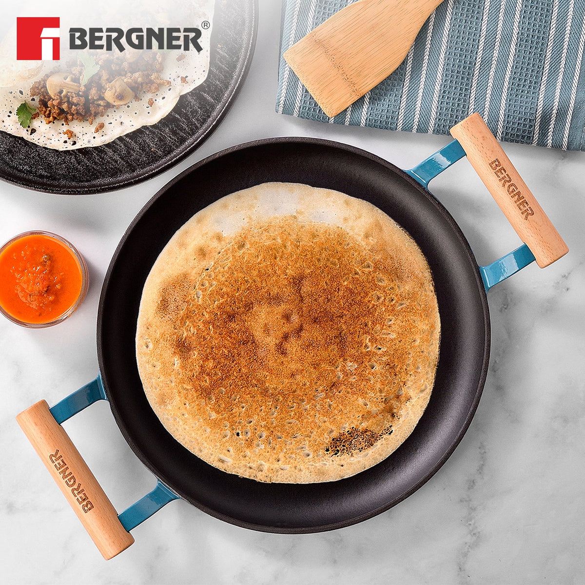 Bergner Excalibur Light Cast Iron Dosa Tawa 30cm with Double Sided Handle - Blue