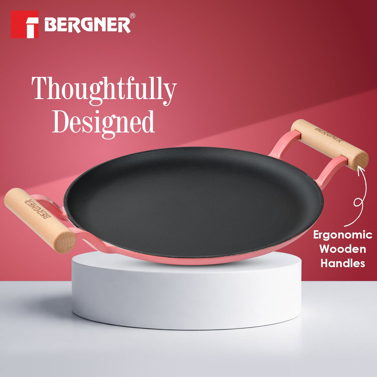 Bergner Excalibur Light Cast Iron Dosa Tawa 30cm with Double Sided Handle - Pink