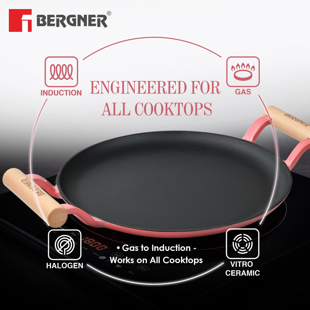 Bergner Excalibur Light Cast Iron Dosa Tawa 30cm with Double Sided Handle - Pink