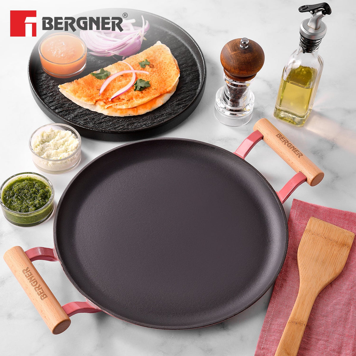 Bergner Excalibur Light Cast Iron Dosa Tawa 30cm with Double Sided Handle - Pink