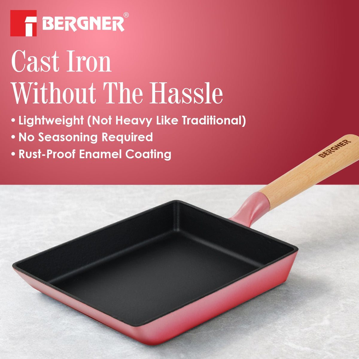 Bergner Excalibur Light Cast Iron 23x18cm Square Pan - Induction Bottom, Pink