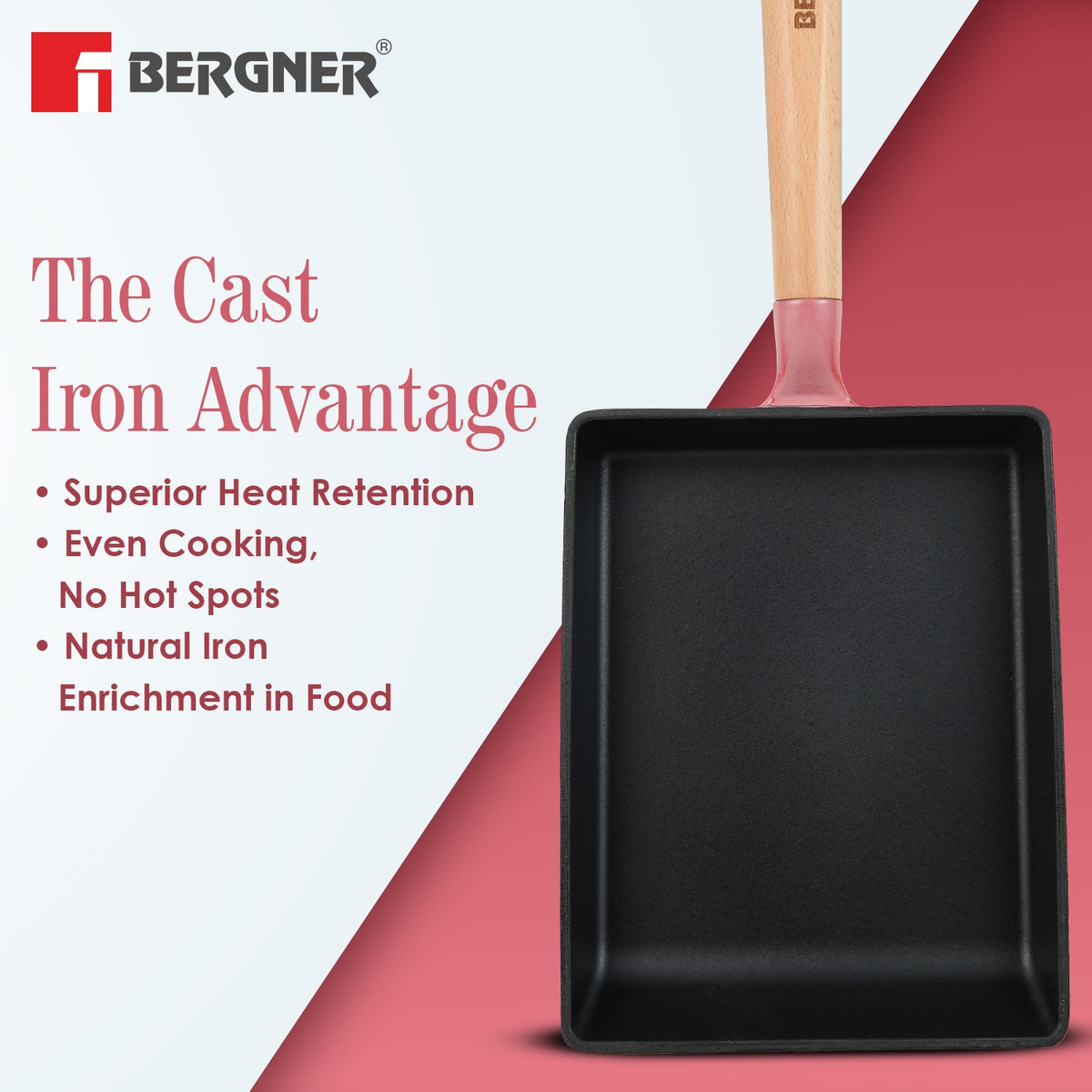 Bergner Excalibur Light Cast Iron 23x18cm Square Pan - Induction Bottom, Pink