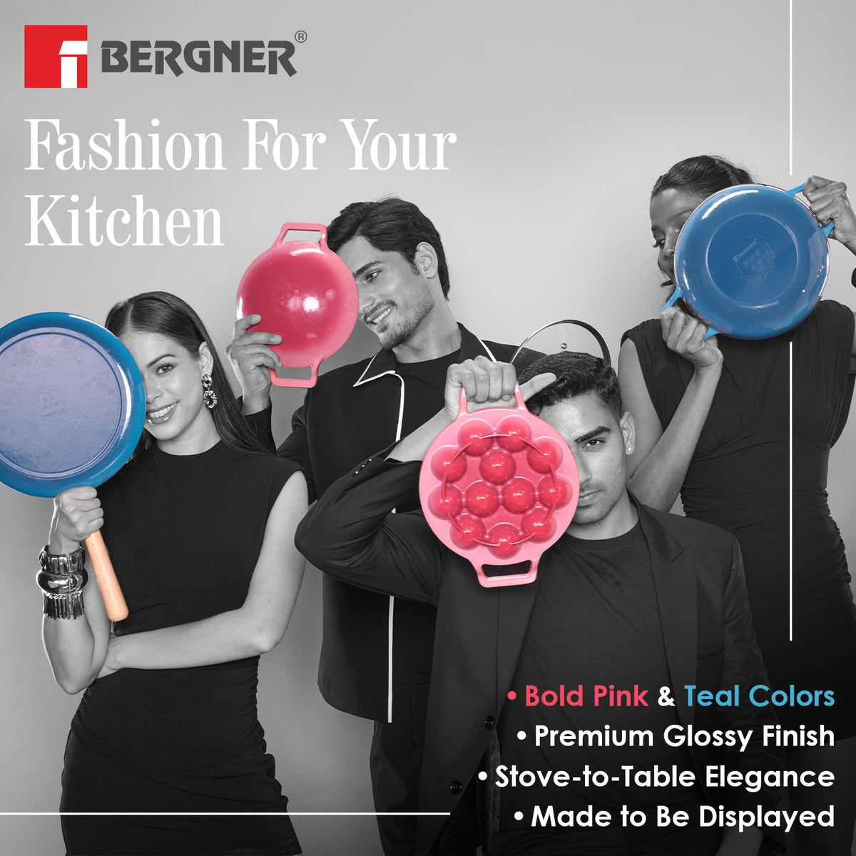 Bergner Excalibur Light Cast Iron 23x18cm Square Pan - Induction Bottom, Pink