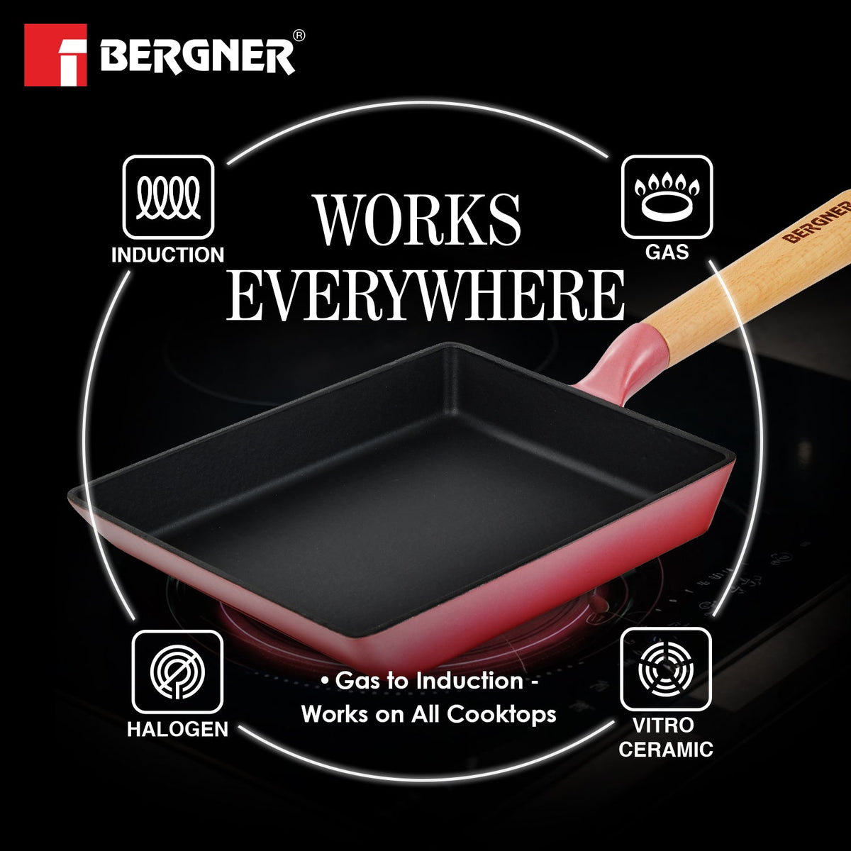Bergner Excalibur Light Cast Iron 23x18cm Square Pan - Induction Bottom, Pink