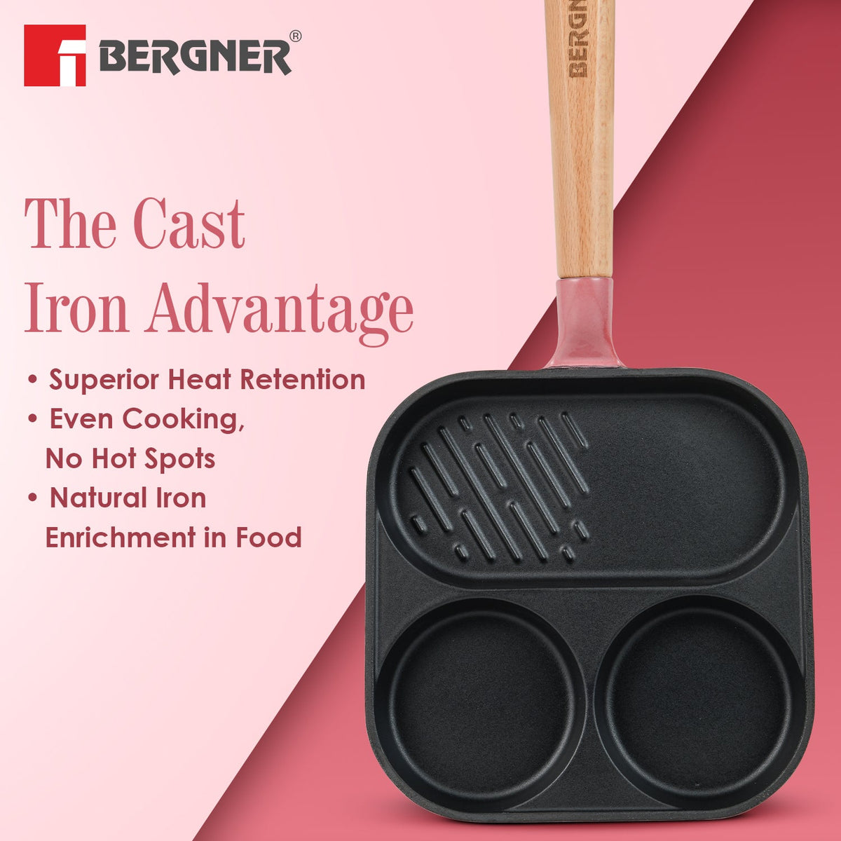 Bergner Excalibur Light Cast Iron 18cm Breakfast Pan - Induction Bottom, Pink
