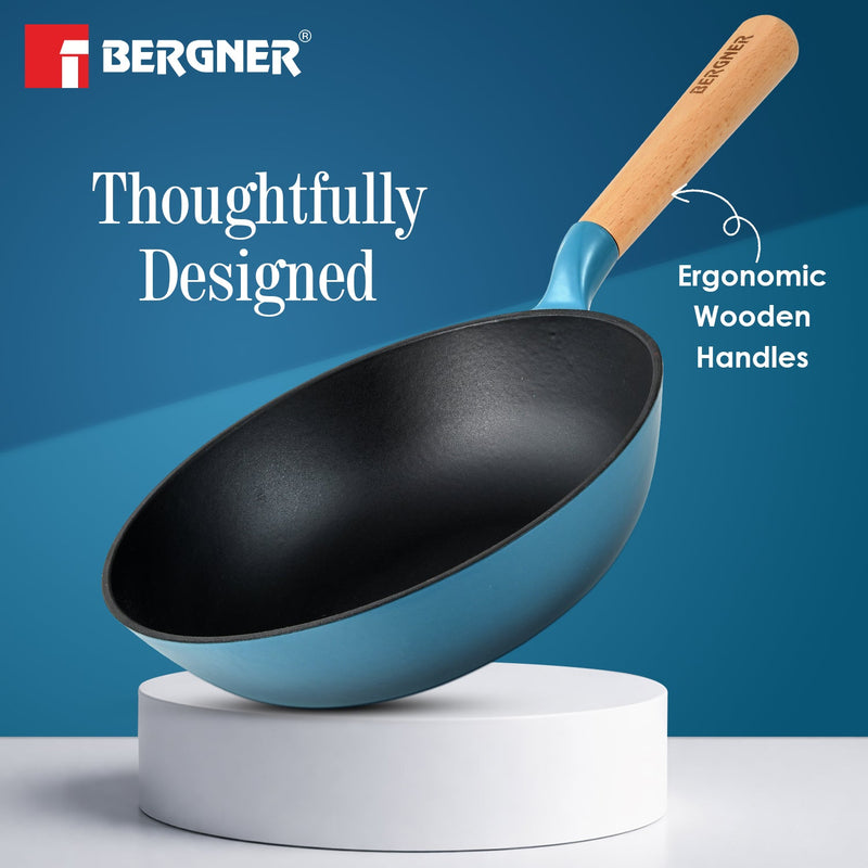 Bergner Excalibur Light Cast Iron 24cm (2L) Wok - Induction Bottom, Blue