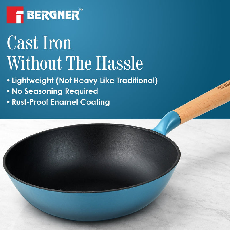 Bergner Excalibur Light Cast Iron 24cm (2L) Wok - Induction Bottom, Blue