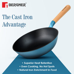 Bergner Excalibur Light Cast Iron 24cm (2L) Wok - Induction Bottom, Blue