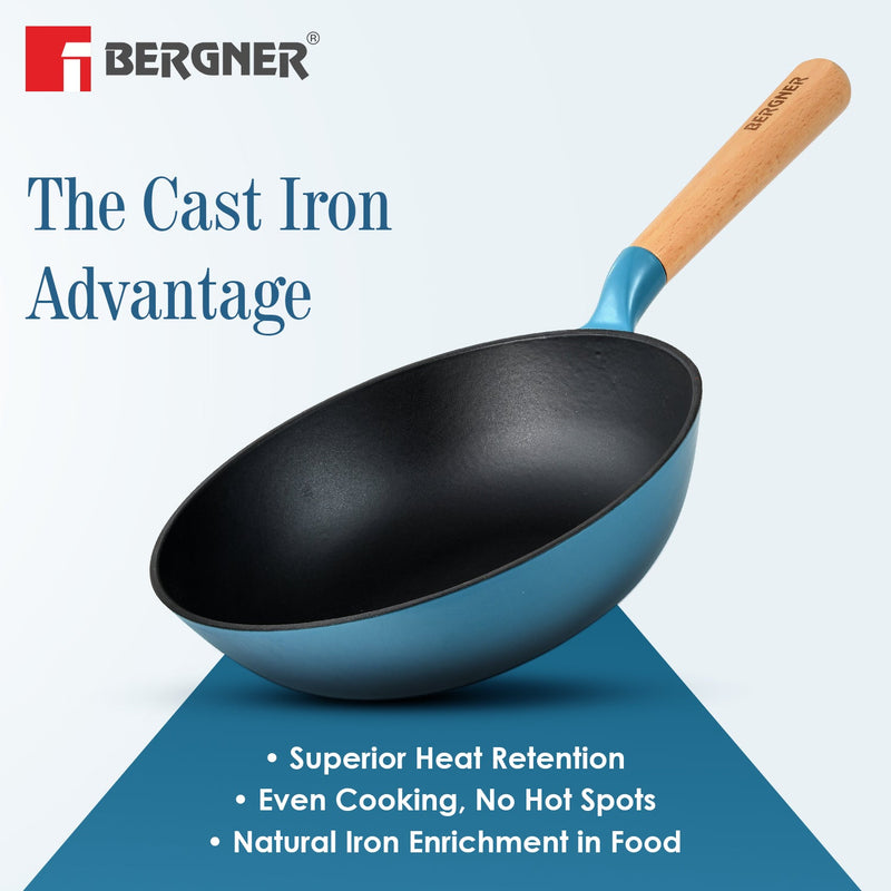 Bergner Excalibur Light Cast Iron 24cm (2L) Wok - Induction Bottom, Blue