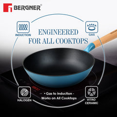 Bergner Excalibur Light Cast Iron 24cm (2L) Wok - Induction Bottom, Blue