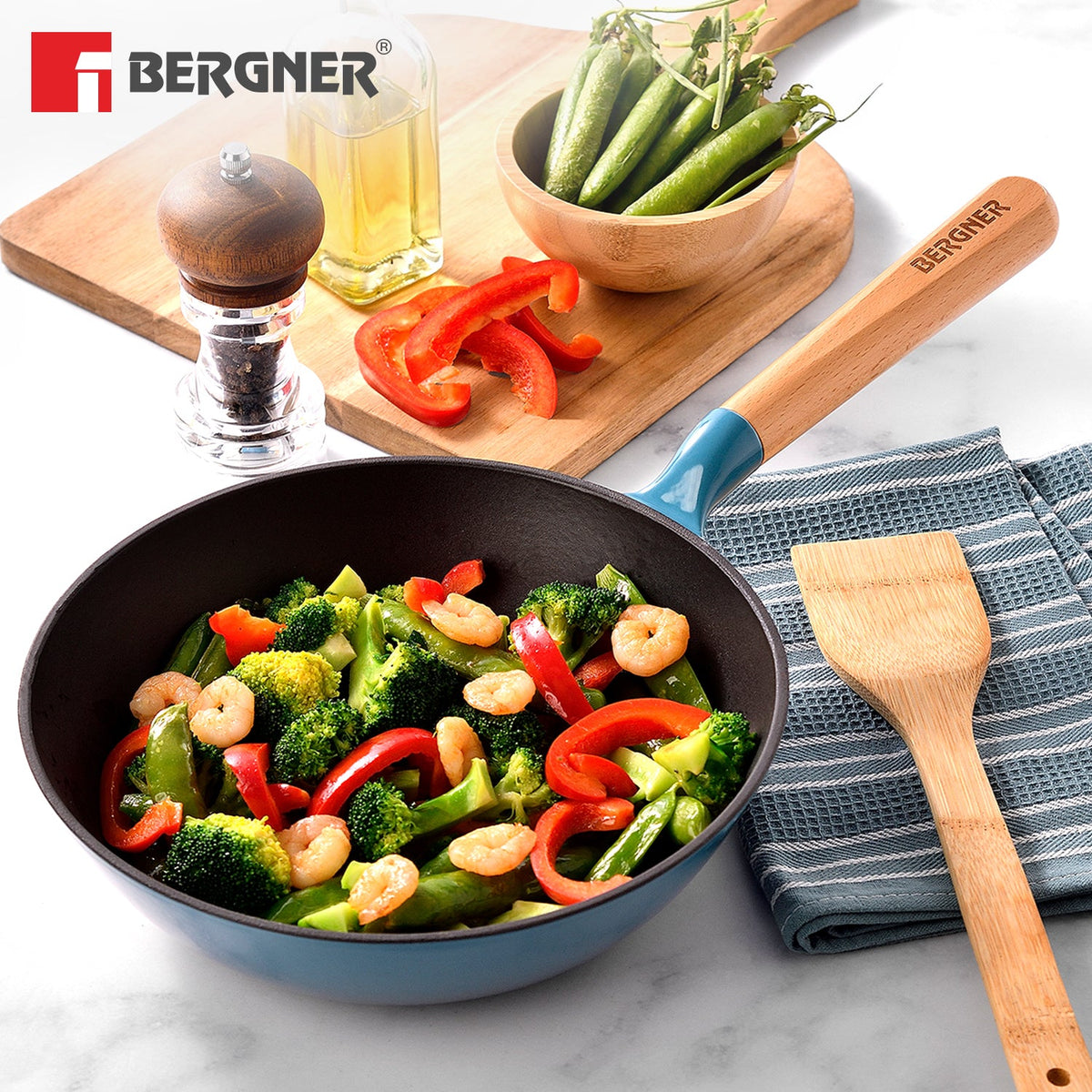 Bergner Excalibur Light Cast Iron 24cm (2L) Wok - Induction Bottom, Blue