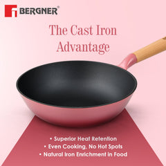 Bergner Excalibur Light Cast Iron 24cm (2L) Wok - Induction Bottom, Pink