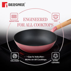 Bergner Excalibur Light Cast Iron 24cm (2L) Wok - Induction Bottom, Pink