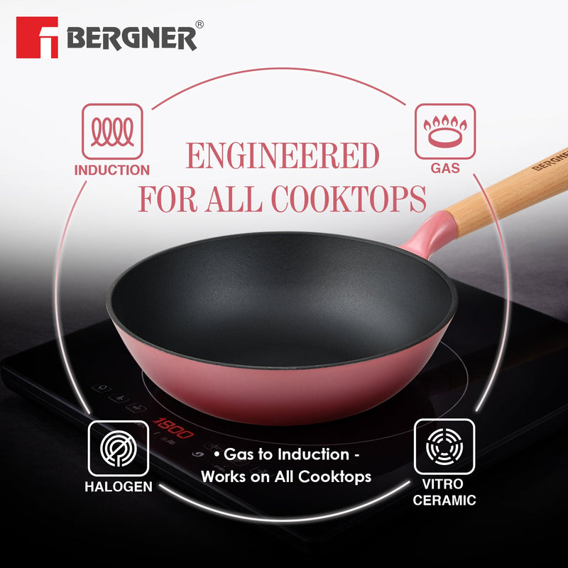 Bergner Excalibur Light Cast Iron 24cm (2L) Wok - Induction Bottom, Pink