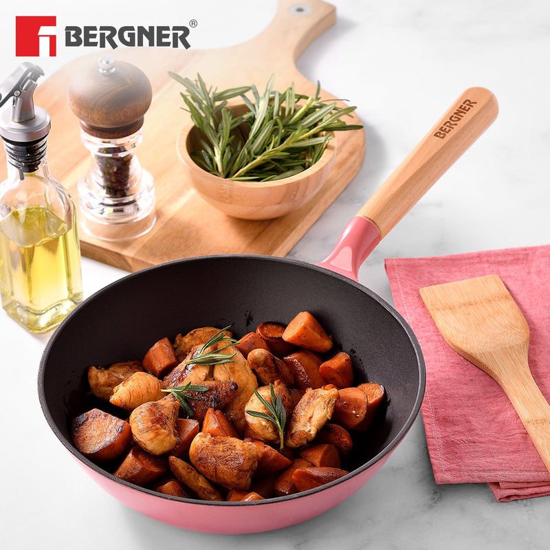 Bergner Excalibur Light Cast Iron 24cm (2L) Wok - Induction Bottom, Pink