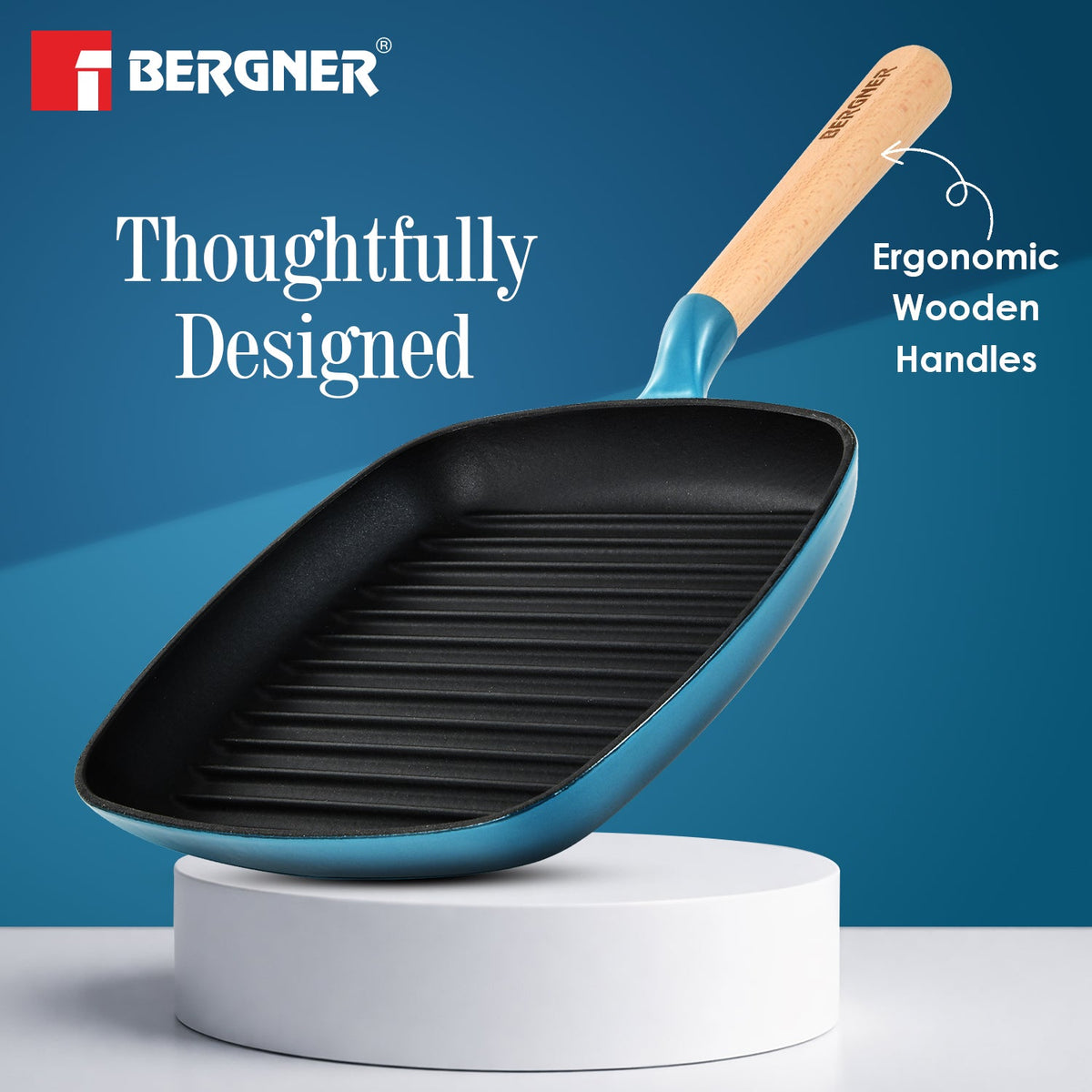Bergner Excalibur Light Cast Iron 24cm Square Grill Pan - Induction Bottom, Blue