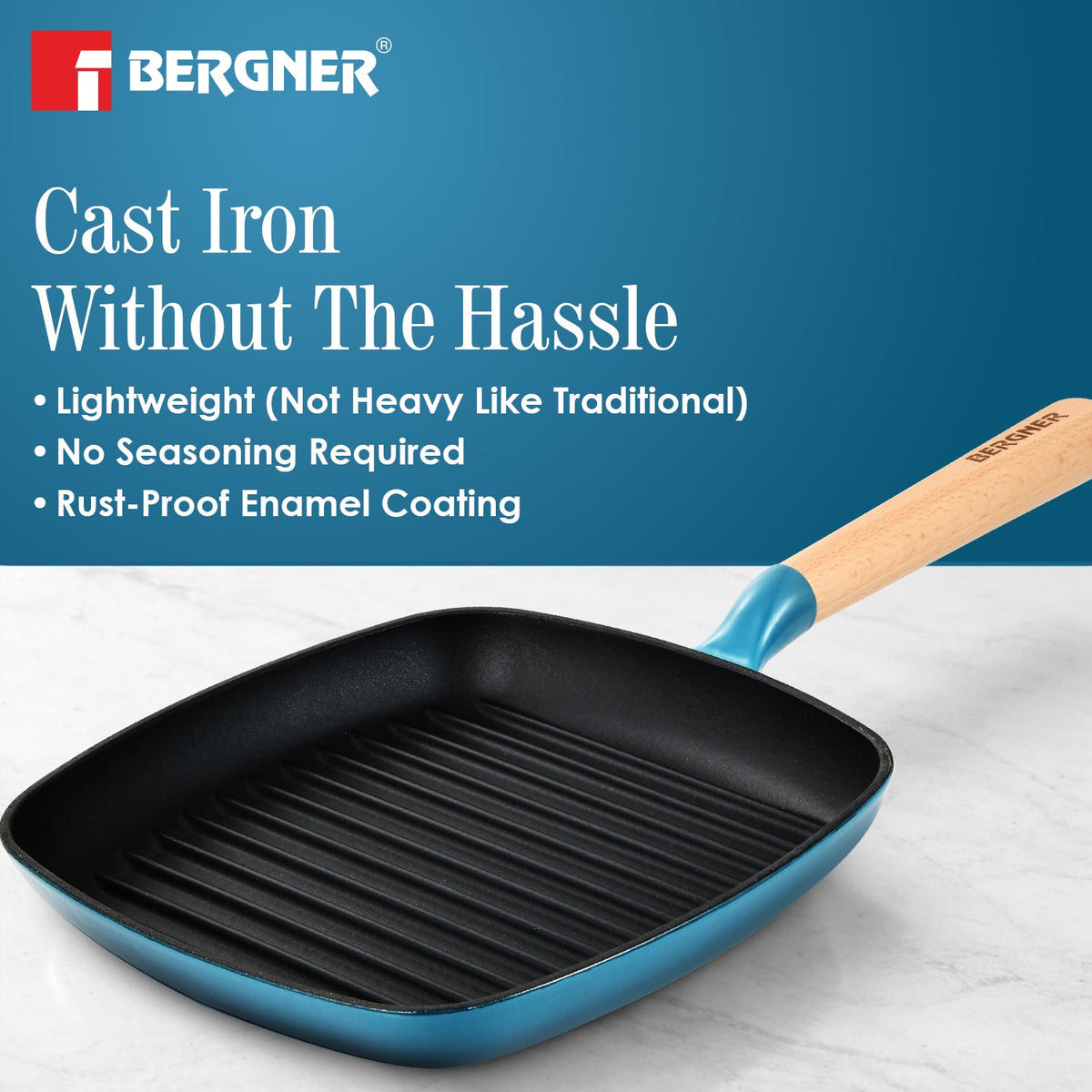 Bergner Excalibur Light Cast Iron 24cm Square Grill Pan - Induction Bottom, Blue