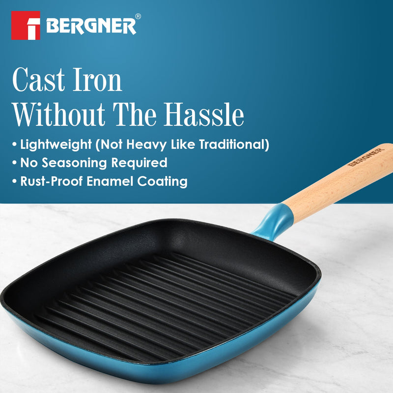 Bergner Excalibur Light Cast Iron 24cm Square Grill Pan - Induction Bottom, Blue