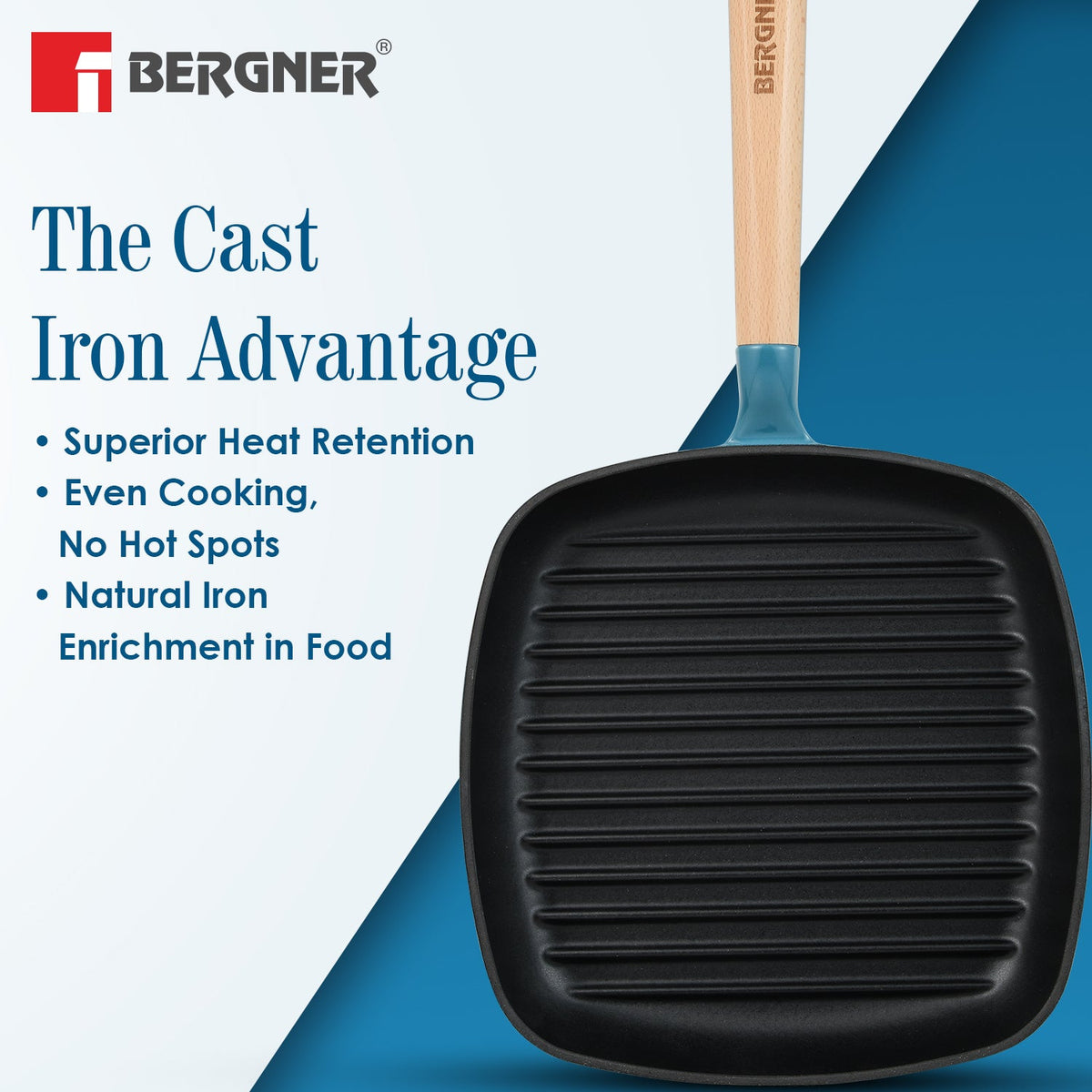 Bergner Excalibur Light Cast Iron 24cm Square Grill Pan - Induction Bottom, Blue