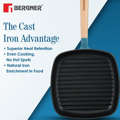 Bergner Excalibur Light Cast Iron 24cm Square Grill Pan - Induction Bottom, Blue