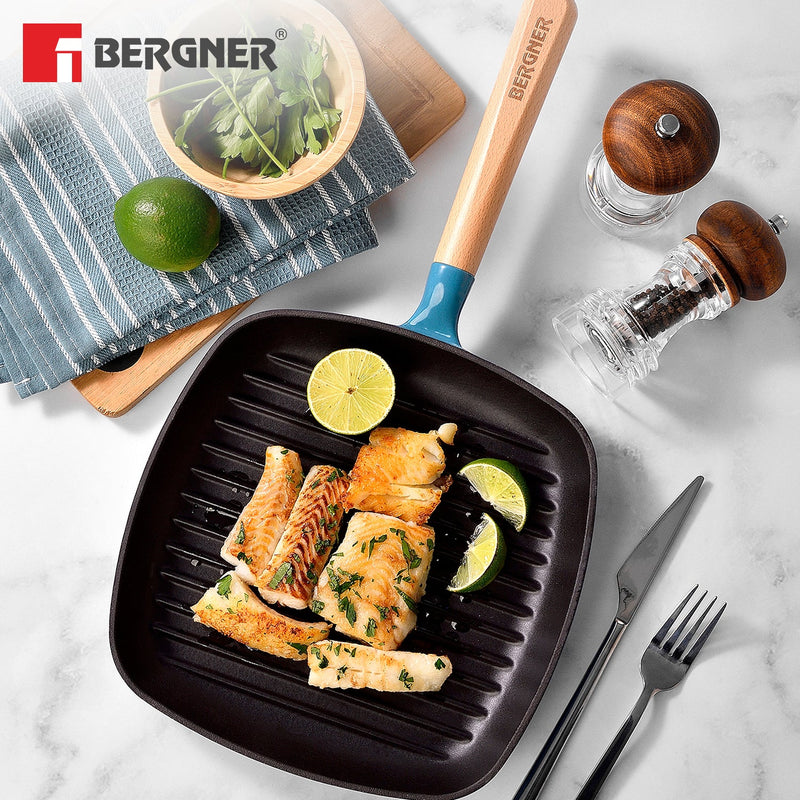 Bergner Excalibur Light Cast Iron 24cm Square Grill Pan - Induction Bottom, Blue