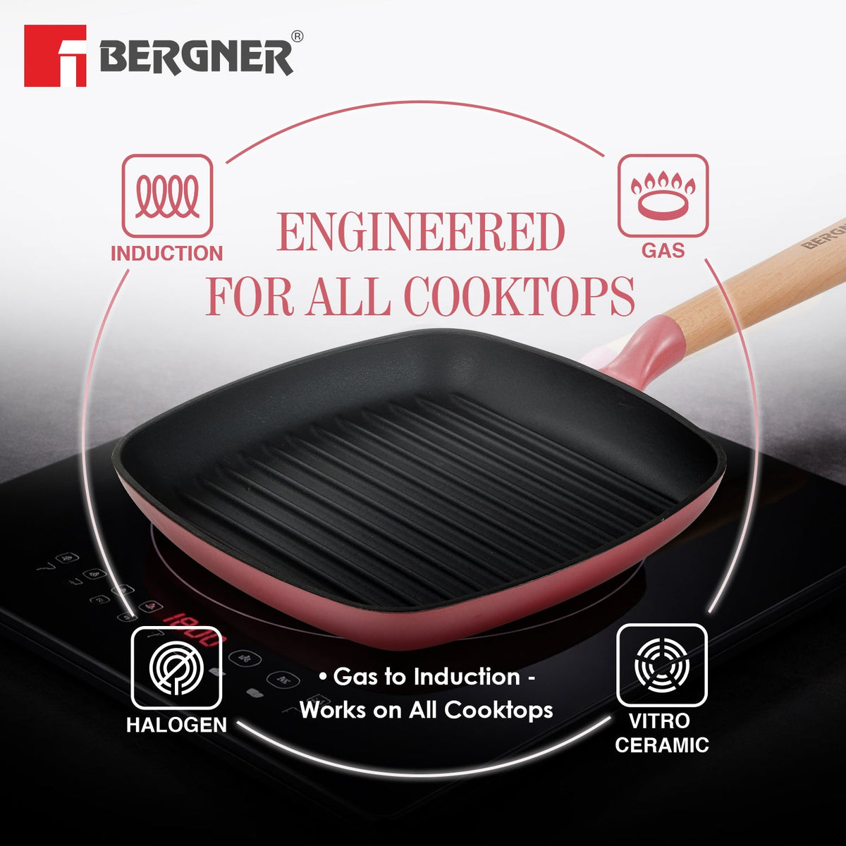 Bergner Excalibur Light Cast Iron 24cm Square Grill Pan - Induction Bottom, Pink