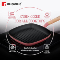 Bergner Excalibur Light Cast Iron 24cm Square Grill Pan - Induction Bottom, Pink