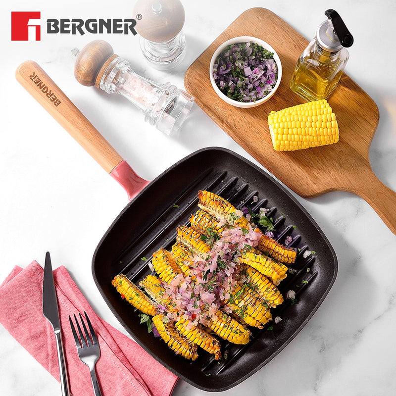 Bergner Excalibur Light Cast Iron 24cm Square Grill Pan - Induction Bottom, Pink
