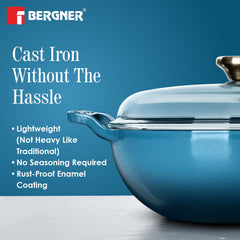 Bergner Excalibur Light Cast Iron 24cm (2.5L) Kadai with Lid - Induction Bottom, Blue