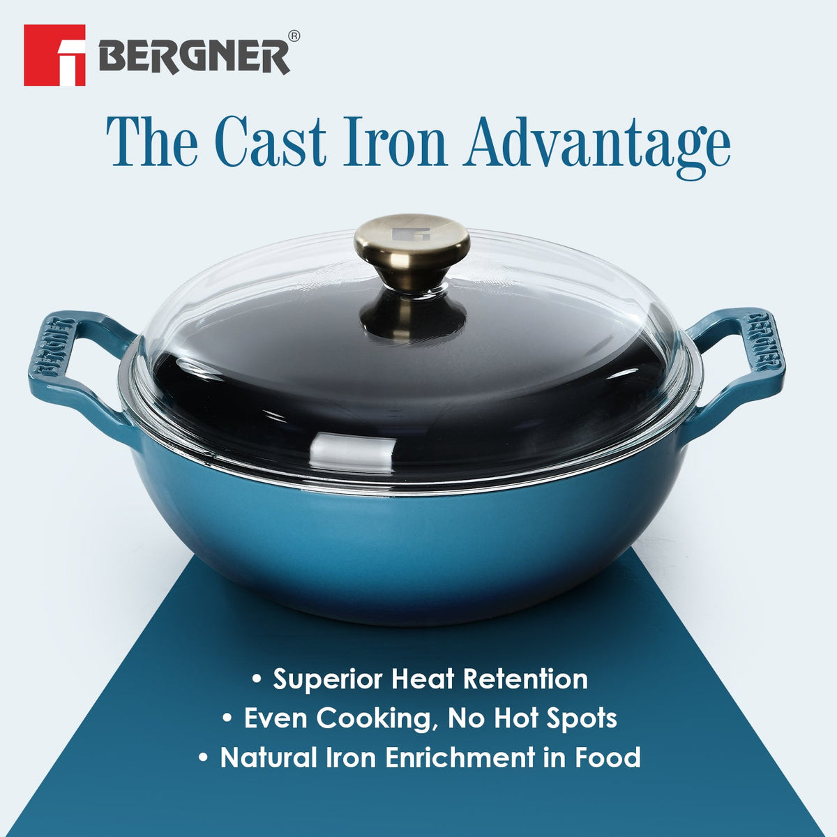 Bergner Excalibur Light Cast Iron 24cm (2.5L) Kadai with Lid - Induction Bottom, Blue