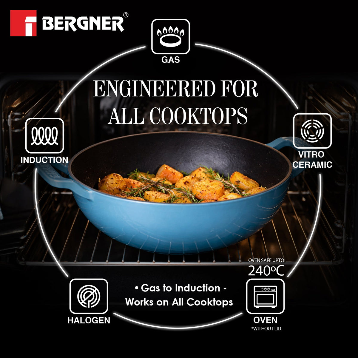 Bergner Excalibur Light Cast Iron 24cm (2.5L) Kadai with Lid - Induction Bottom, Blue