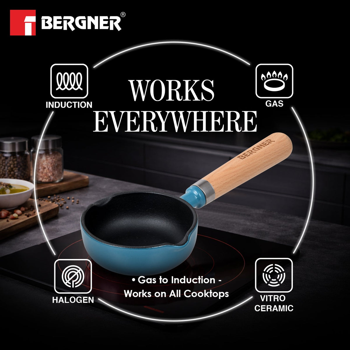 Bergner Excalibur Light Cast Iron 12cm / 200ml Tadkapan - Induction Bottom, Blue