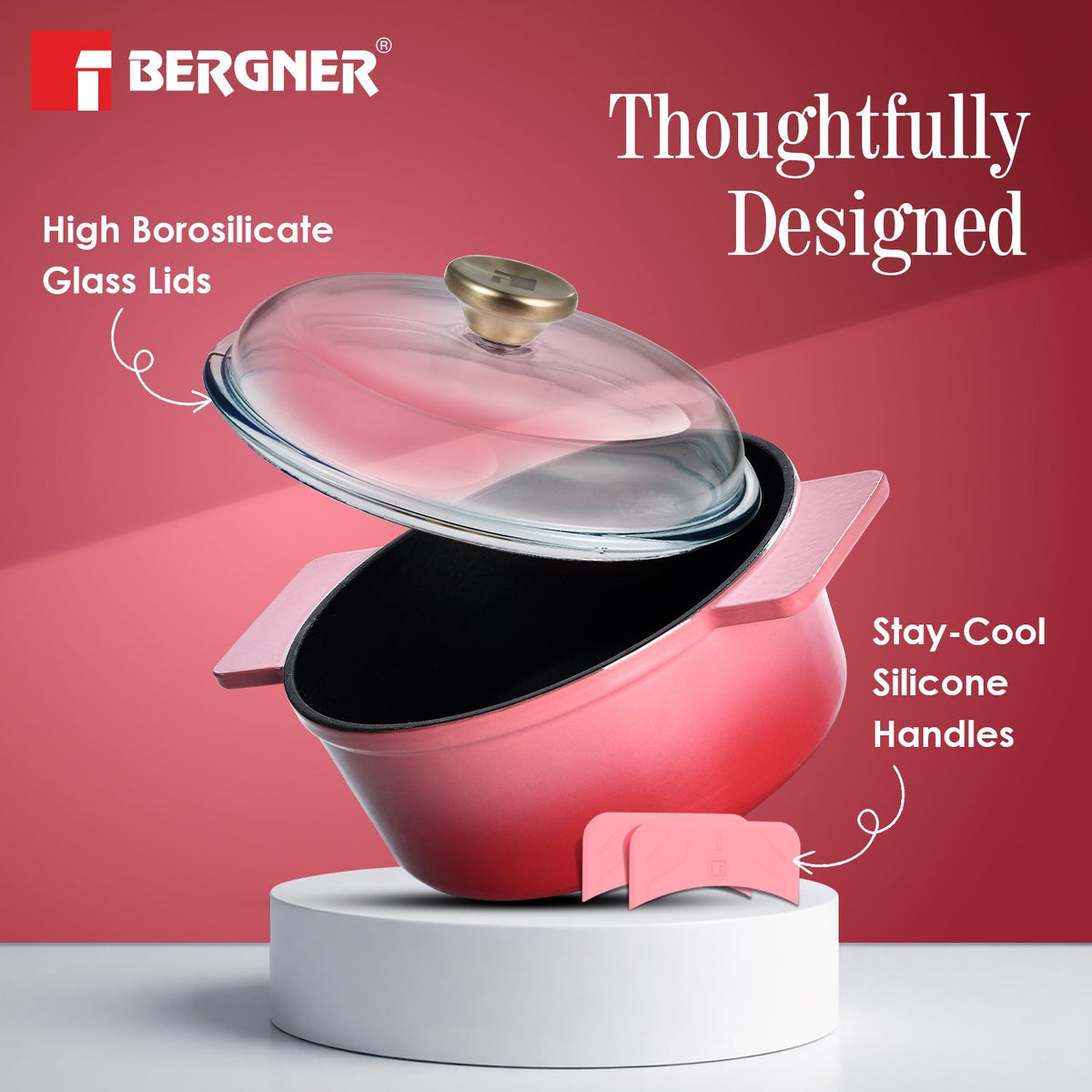 Bergner Excalibur Light Cast Iron 26cm (5L) Casserole with Lid - Pink
