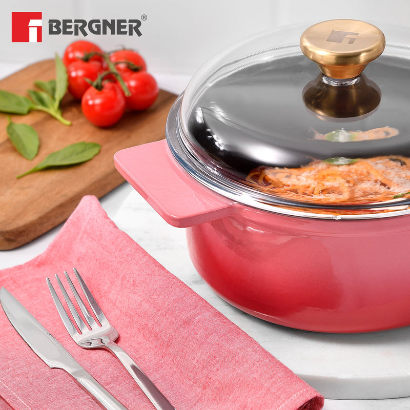 Bergner Excalibur Light Cast Iron 26cm (5L) Casserole with Lid - Pink