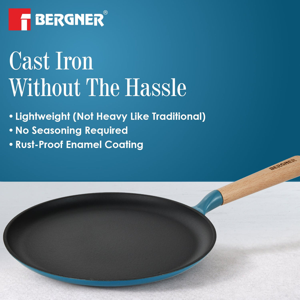 Bergner Excalibur Light Cast Iron Dosa Tawa 30cm - Induction Bottom, Blue