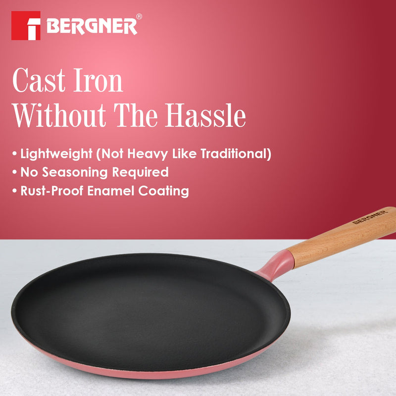 Bergner Excalibur Light Cast Iron Dosa Tawa 30cm - Induction Bottom, Pink
